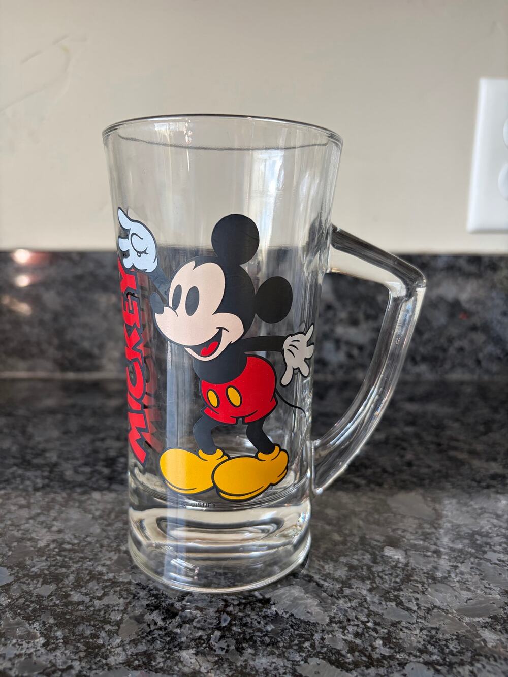VTG Disney Mickey Mouse Tall Clear Glass Mug with Handle- 6" Tall